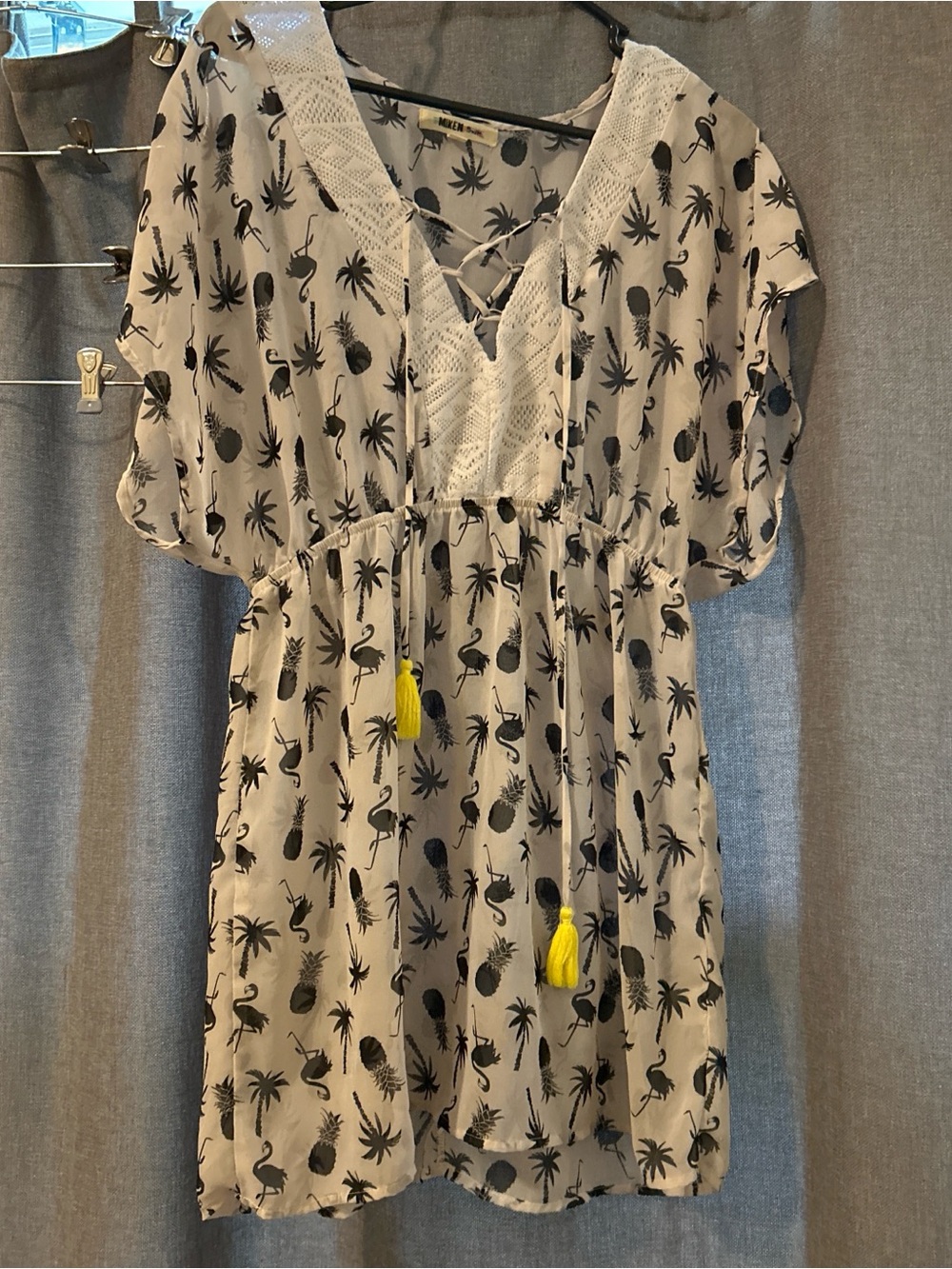 Women’s White Palm & Flamingo Print Coverup with Yellow Tassels